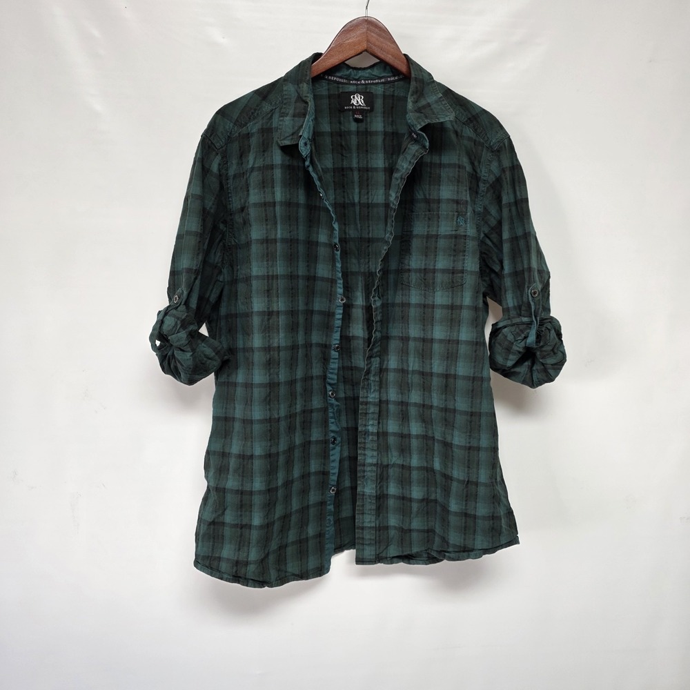 Rock & Republic Shirt Men XL Long Sleeve Button Up Green Black Plaid Country